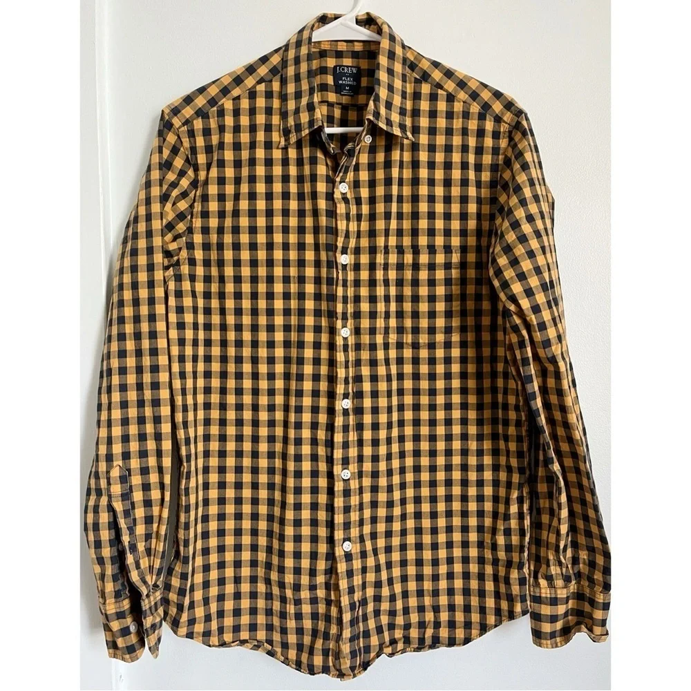 J. Crew • Men’s Yellow Navy Flex Washed Plaid Gingham Button Down Shirt